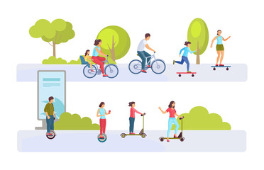 People riding kick scooter, gyro scooter, bicycle, skateboard.