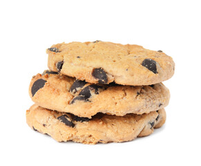 Stack of delicious chocolate chip cookies on white background