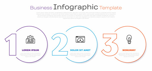 Set line Advertising, Website statistic and Light bulb with concept of idea. Business infographic template. Vector