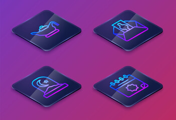 Set Isometric line Oil lamp, Muslim cemetery, Donate or pay your zakat and Ramadan calendar. Blue square button. Vector