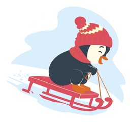Funny penguin sledding. Christmas penguin ride on a sleigh illustration