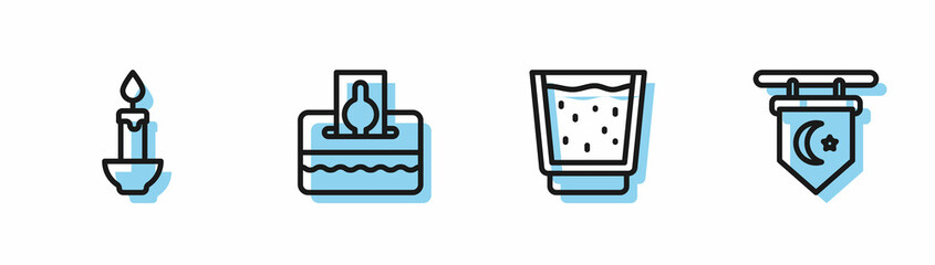 Set line Glass with water, Burning candle, Donate or pay your zakat and Star crescent icon. Vector
