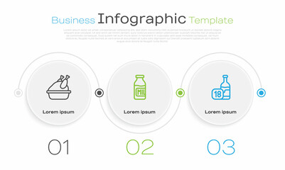 Set line Roasted turkey or chicken, Bottle with milk and Wine bottle. Business infographic template. Vector