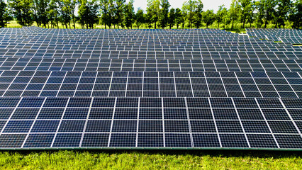 Top view of solar panels on a sunny summer day in Europe