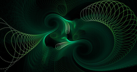 Generative fractal art. Abstract colorful green glowing shapes. Digital fractal art wallpaper. 3d rendering