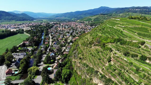 Scenic aerial shot of Turckheim town, green hill with swathes of vineyards on right. Vosges mountains seen at distance. Camera soar forward from Ingersheim. Wine-producing region of France at summer