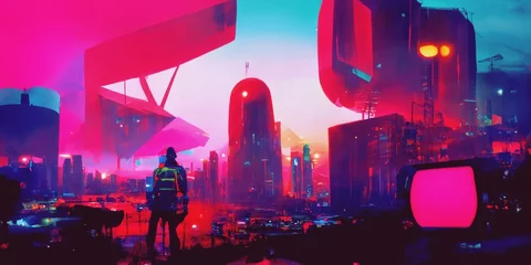 Poster Retro futuristische abstracte stadsgezicht. Stedelijk panorama. Creatief concept. Toekomstige stad. Cyberpunk-behang. 3D illustratie. © Valeriy
