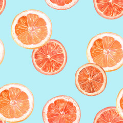 Oranges seamless pattern. Citrus , tangerines, sweet clementines. Vegetarian tropical fruit. Isolated elements. Stock illustration. Hand painted in watercolor.