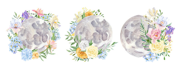 Watercolor phase of the moon with flower bouquet illustration logo design. Hand drawn rose, peony, iris, wildflower, leaves, twigs, foliage, branches wreath plants with lunar.