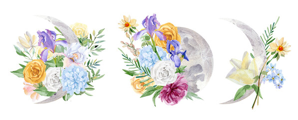 Fototapeta na wymiar Watercolor phase of the moon with flower bouquet illustration logo design. Hand drawn rose, peony, iris, wildflower, leaves, twigs, foliage, branches wreath plants with lunar.