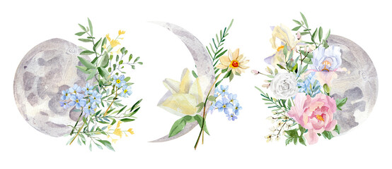 Watercolor phase of the moon with flower bouquet illustration logo design. Hand drawn rose, peony, iris, wildflower, leaves, twigs, foliage, branches wreath plants with lunar.