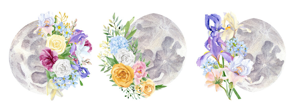 Watercolor phase of the moon with flower bouquet illustration logo design. Hand drawn rose, peony, iris, wildflower, leaves, twigs, foliage, branches wreath plants with lunar.