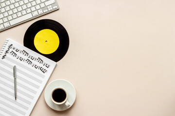 Musicians desk music recording with music sheets