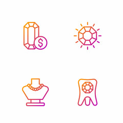 Set line Tooth with diamond, Necklace mannequin, Jewelry online shopping and Diamond. Gradient color icons. Vector