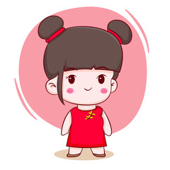 Cute cartoon character of Chinese girl Hand drawn style flat character isolated background