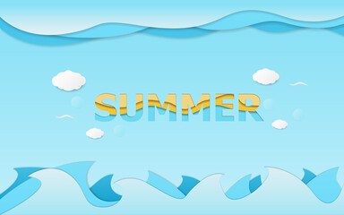 vector summer paper cut style blue wave background