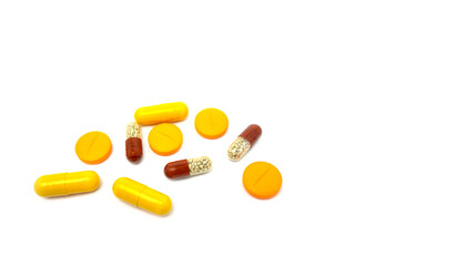 Medicines. Composition with tablets on the table on a light colored background.
 Background, design.