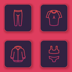 Set line Leggings, Hoodie, T-shirt and Swimsuit. Blue square button. Vector