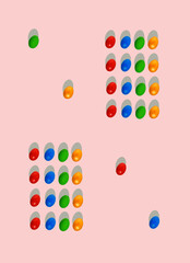 Colorful Easter eggs against light pink background. Flat lay vertical composition, geometric seamless pattern. Minimal Easter Holiday decoration concept