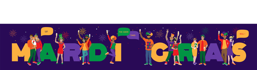 Mardi Gras celebration, vector banner. Happy cheerful friends wearing funny costumes, masks, feathers, necklaces, dancing at big letters. New Orlean traditional party event flyer, banner, invitation.