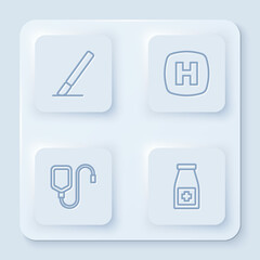 Set line Surgery scalpel, Hospital signboard, IV bag and Medicine bottle and pills. White square button. Vector