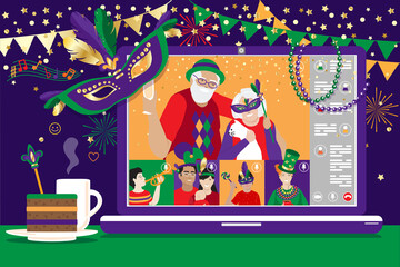 2022 Mardi Gras celebration during coronavirus covid-19 quarantine, vector banner. Happy family cheerful friends virtual meeting at laptop screen. King cake, funny costumes, masks, feathers, necklaces