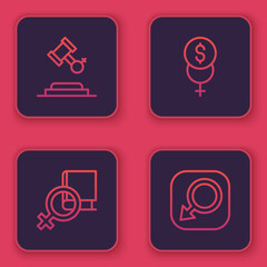 Set line Female rights, Book about women, Feminism finance and Male gender. Blue square button. Vector