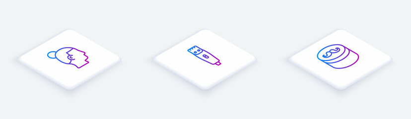 Set Isometric line Hairstyle for men, clipper and Gel wax hair styling. White square button. Vector