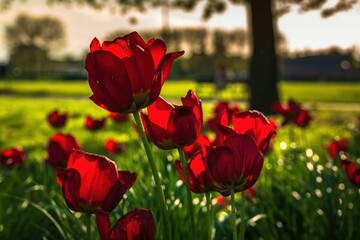 Fototapeta premium Wiosenne kwiaty tulipany w porannym słońcu