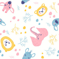 Seamless pattern for newborn underwear design. Portraits of sloth, koala, lion, elephant, giraffe, tiger, zebra. Colorful drawings for the design of children's fabric. Flat vector illustration.