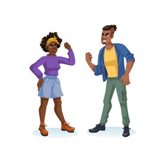 Vector cartoon flat black characters couple in aggressive mood-social inequality and protest,discontent,black lives matter movement,anger management,social behavior concept,web site banner ad design