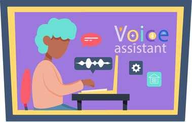 Voice assistant software agent perform tasks for user. Speaker recognition, vote controlled smart speaker. Woman voice activated digital assistants, identification. Virtual assistant, sound robot