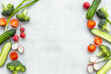 Colorful vegetables background. Food cooking banner top view - obrazy, fototapety, plakaty