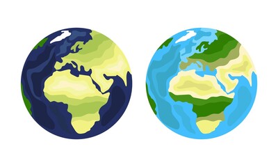 Two isolated earth globes, in dark and light colors
