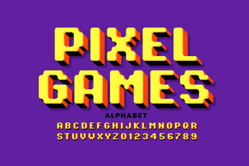 Pixel arcade games style font design, 3d alphabet, letters and numbers vector illustration