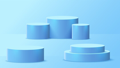 A luxurious podium of soft blue color with a cylindrical pedestal. Light blue minimalistic 3d scene. 3d podium for presentation, demonstration of goods. Vector illustration