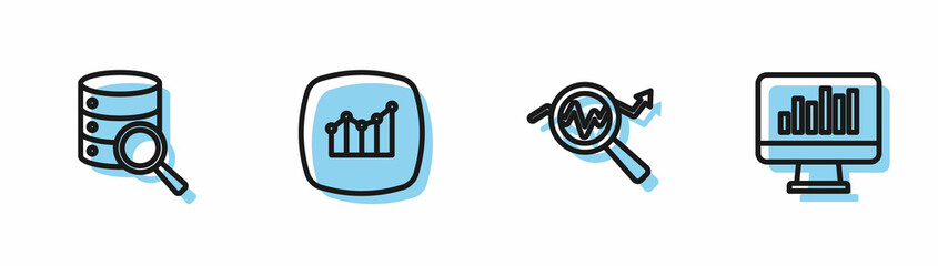 Set line Search data analysis, Server, Financial growth and Monitor with graph chart icon. Vector