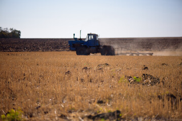 Fototapeta premium the tractor plows the field in autumn