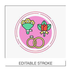  Bouquet concept line icon. Bridal flowers with ribbon. Rings. Wedding.Vector isolated conception metaphor illustration