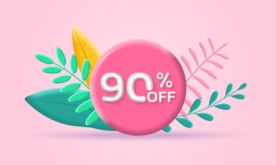 3d Sale banner. 90 percent price off label or icon with leaves. Discount badge or price tag. Promotion poster or card design template. Vector illustration.