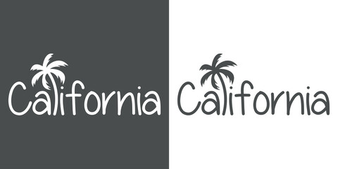 California Beach. Destino de vacaciones. Banner con texto California con letra con forma de silueta de palmera en fondo gris y fondo blanco