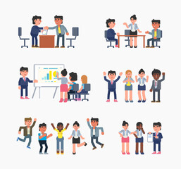 Set of business people at meeting, presentation, celebrating success, achievement. Cheerful business man and woman at office. Modern vector illustration