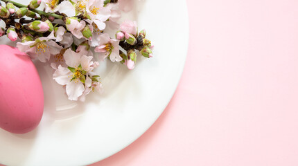 Easter table decoration, almond blossoms and Easter eggs on a white plate, pink color background.