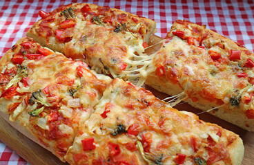 Mouthwatering Fresh Baked Homemade Pizza Alla Pala with Stretching Cheese