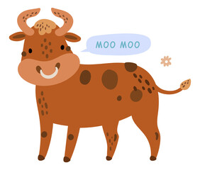 Bull talking noo moo. Cute farm animal with speech bubble