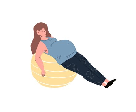 Vector flat cartoon character,pregnant woman doing exercises on fitness ball-pregnancy courses for new mothers,childbirth preparation,healthy happy motherhood social concept,web site banner ad design