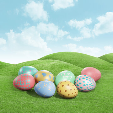 Group of easter eggs pastel colour with painted isolate on white background 3D rendering