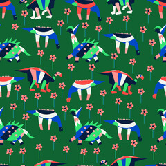 seamless pattern with dino and flowers
