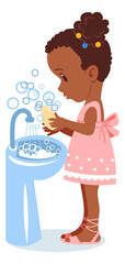 Cute black girl washing hands with soap in cartoon style
