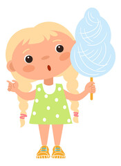 Cute blonde girl with cotton candy. Happy kid